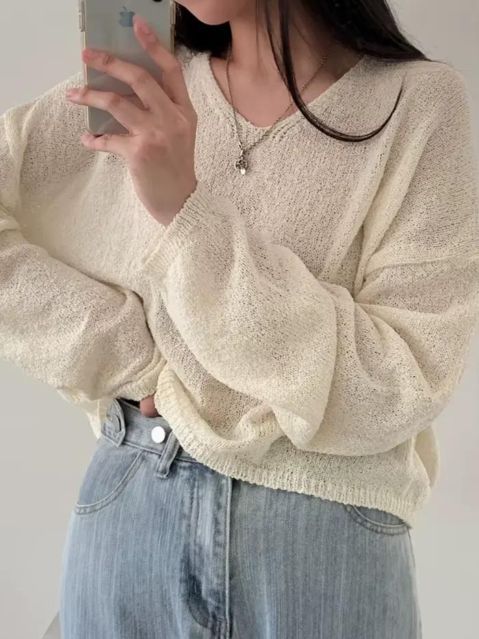 Pull Chic Uni Femme 2026, Coupe Ample, Style Vintage Harajuku, Manches Longues, Pull Coréen Printemps-Été, Tricot Doux et Fin