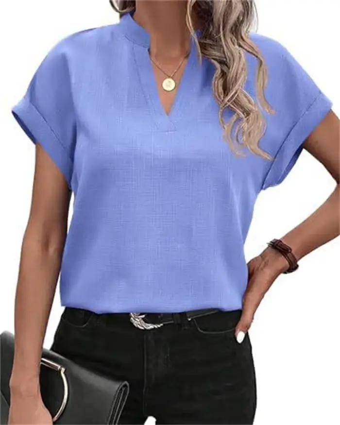 Chemisier à col en V pour femme, t-shirt texturé en polyester, style décontracté, couleur solide, manches courtes, polyvalent pour diverses occasions