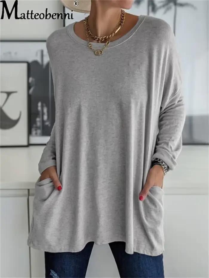 Tunique à manches longues et col rond pour femme, haute en polyester et élasthanne avec poche, décontractée et ample, mode printemps été 2024, pour occasions spéciales et quotidienne