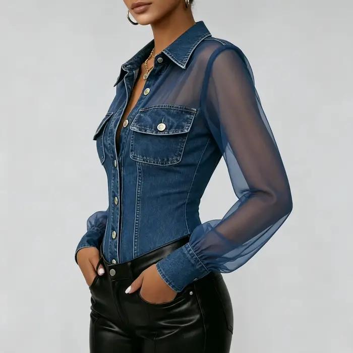 Chemisier vintage en jean et maille transparente pour femme