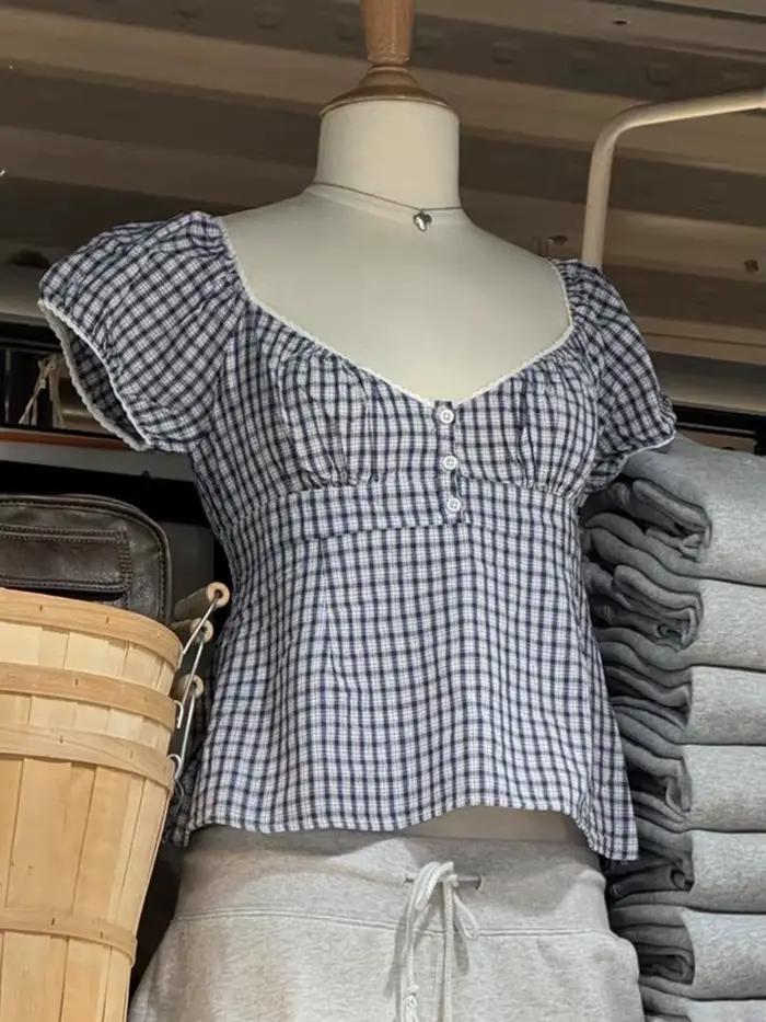 T-Shirt à carreaux bleu marine pour femmes