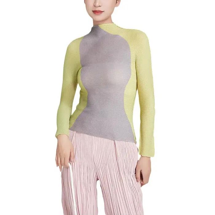 T-shirt plissé chemisier femmes à manches longues col mi-haut chemise à bascule Europe états-unis personnalité femme pull