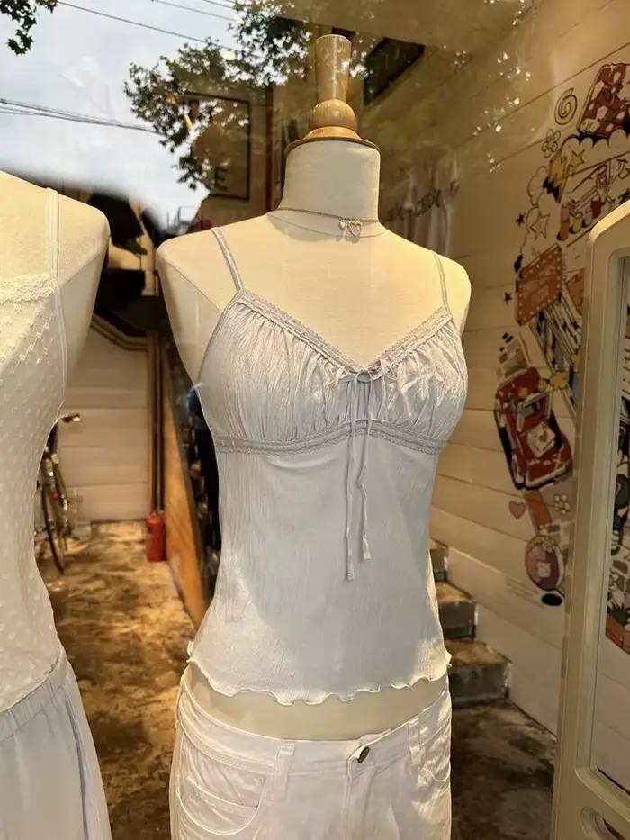 Top Bleu Fin à Lacets et Garniture en Dentelle pour Femme