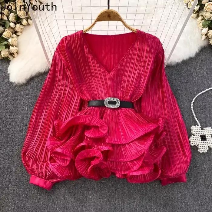 2025 Blusas Mujer De Moda tempérament Blouses femmes lanterne manches col en v taille mince chemises plis volants Vintage Blouse hauts
