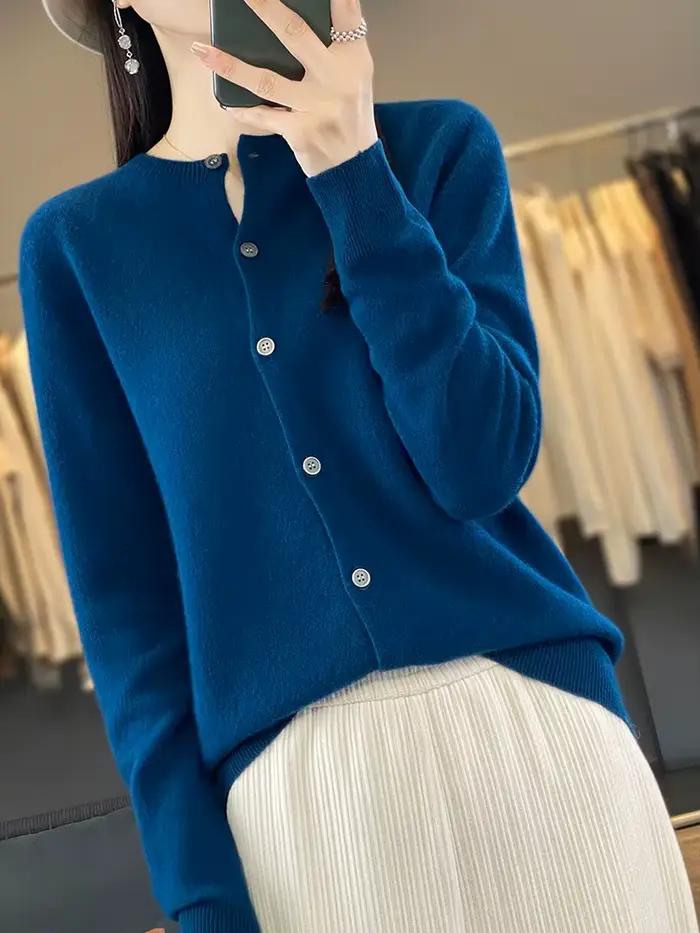 100% laine mérinos pull femmes col rond Cardigan Style basique boutonné tricots femme décontracté automne hiver doux hauts