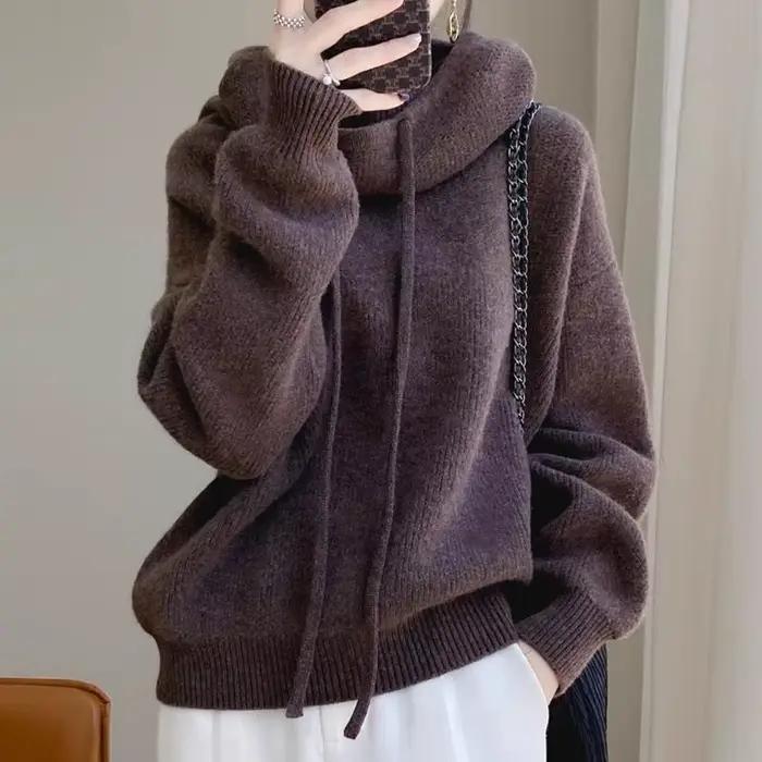 Pull-over en tricot épais et ample pour femme, nouvelle collection automne-hiver 2026, à capuche unie, avec cordon de serrage, manches longues, style vintage