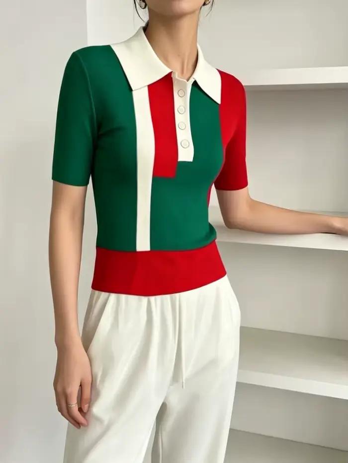 Modigirl tricot pull hauts pour femmes 2025 décontracté contraste couleur boutonné maigre manches courtes Polo t-shirts femme vêtements
