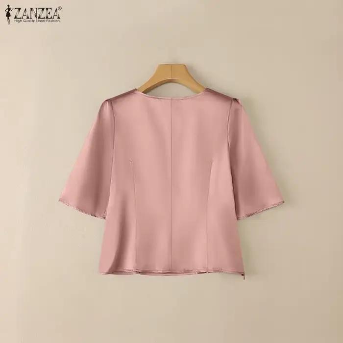 Chemisier en satin brillant rose ZANZEA élégant pour femmes avec col carré et fermeture éclair latérale pour occasions spéciales et quotidienne