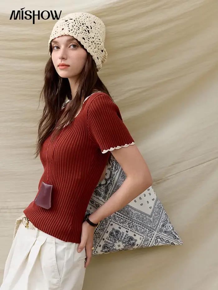 Pull Mishow en polyester et viscose solide, col carré en dentelle pour femmes, élégant et confortable pour le bureau et les occasions spéciales