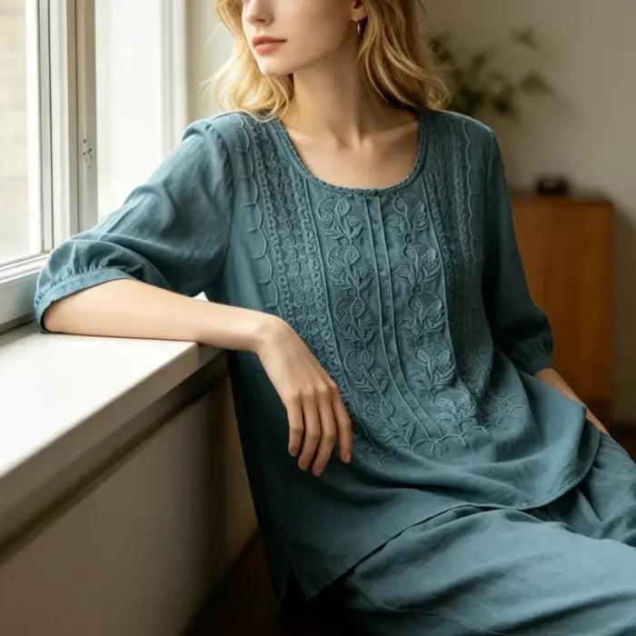Chemisier Vintage Brodé à Col Rond Polyvalent pour Femmes Occasions Spéciales Été Leger Coupe Ample Décontracté