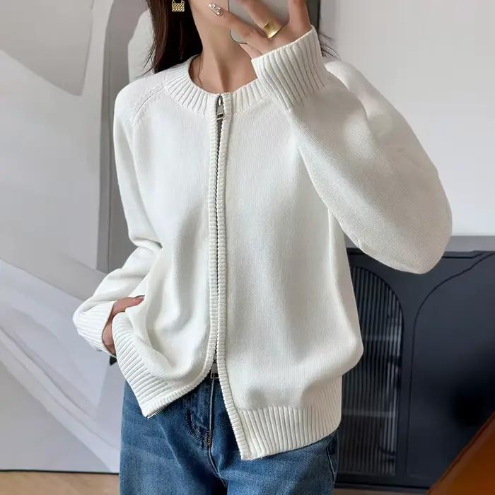 Double fermeture éclair pull Cardigan femmes à manches longues pur vêtements d'extérieur en coton automne hiver femme veste décontractée tricots B3032116