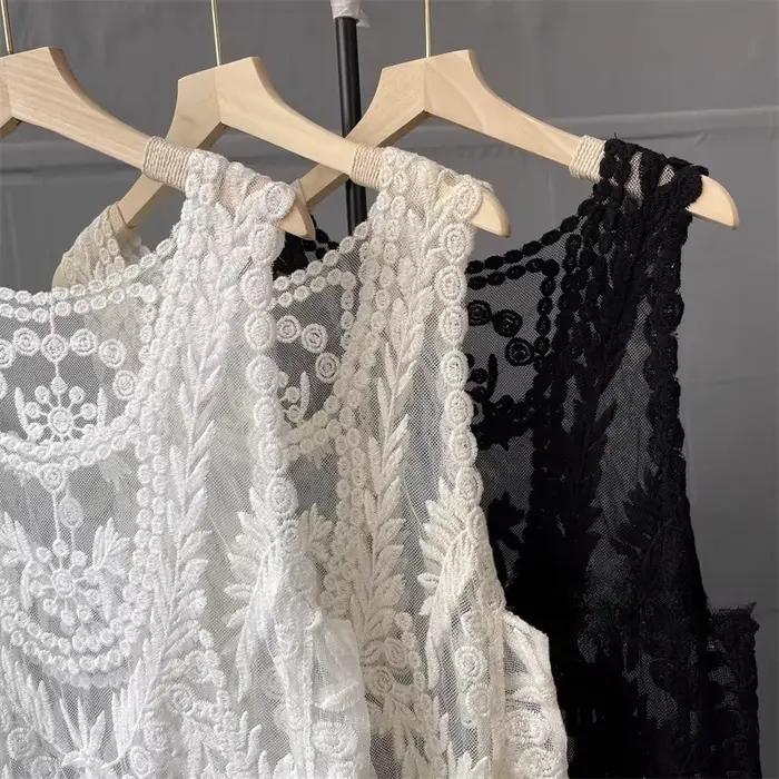 Boho plage cache-up Sexy sans manches Blouse chemise femmes haut en dentelle été Mini robes broderie florale T-Shirts