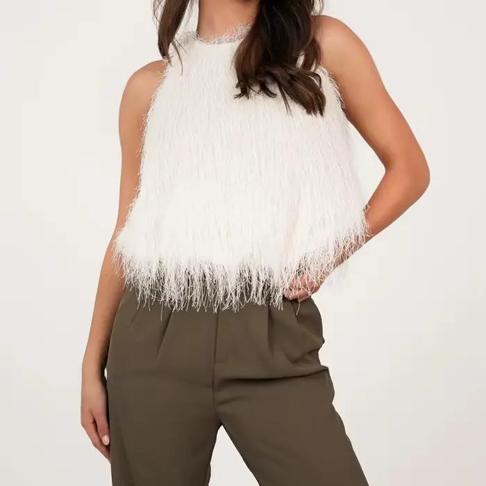 Top court sans manches en fausse fourrure pour femme
