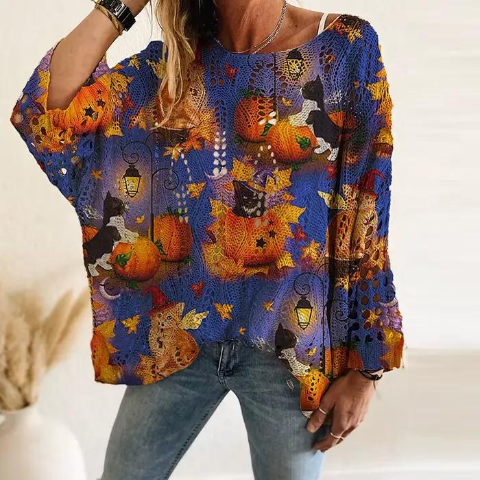 Mode Halloween pull femmes citrouille et chauve-souris imprimé à manches longues lâche tricoté chandails