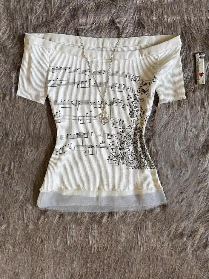 Coréen 2000s Punk Goth filles graphique hauts épaules nues Sexy dentelle coton t-shirts mignon motif de musique Y2K