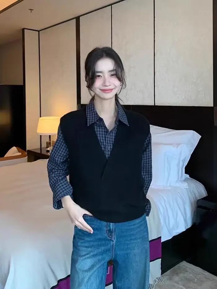 Pull noir Preppy pour femmes, décontracté, col en V, sans manches, polyester acrylique, pour printemps été occasions spéciales