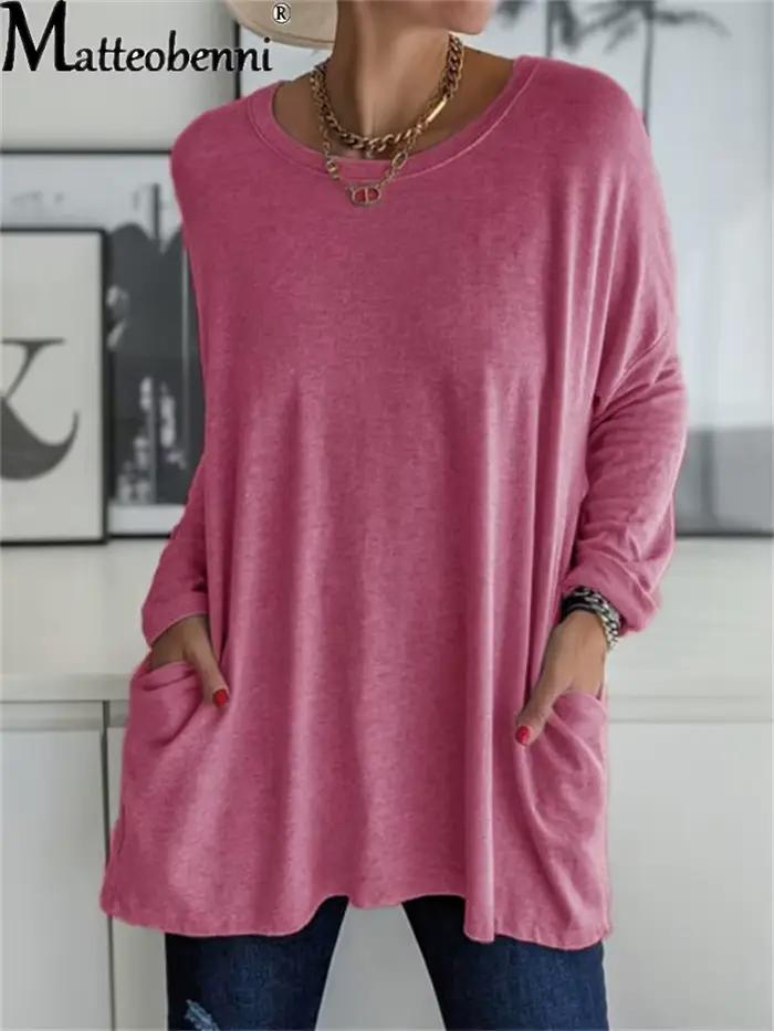 Tunique à manches longues et col rond pour femme, haute en polyester et élasthanne avec poche, décontractée et ample, mode printemps été 2024, pour occasions spéciales et quotidienne