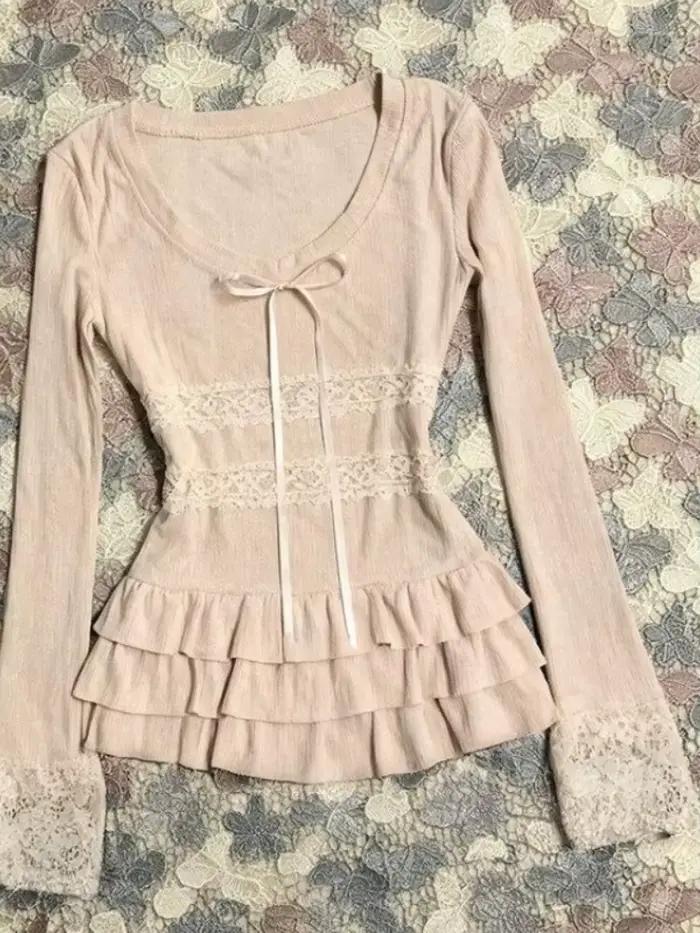 Chemises Kawaii japonaises élégantes à la française style Harajuku vintage années 2000 dentelle arc polyester pour femmes occassions spéciales mode Y2K