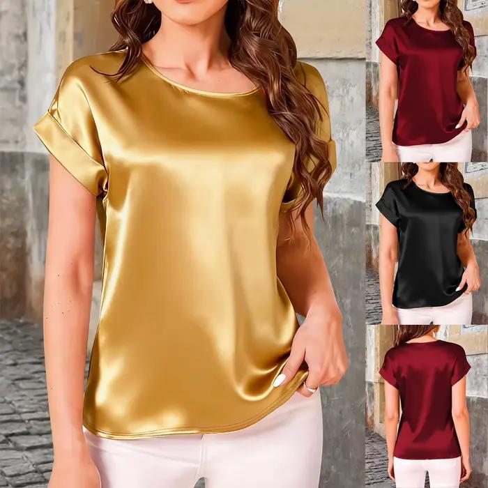 T-shirt élégant à manches chauve-souris en satin massif – Haut ample pour femme