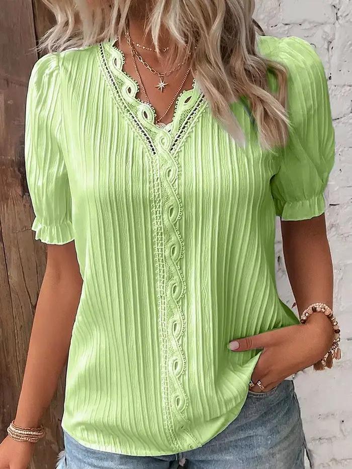 Chemise femme grande taille chemisier jaune-vert violettes blanc uni dentelle manches courtes décontracté basique col
