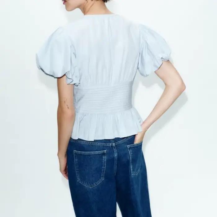Chemisier peplum pour femme, col rond, plissé, manches courtes bouffantes, taille cintrée, hauts smockés d'été