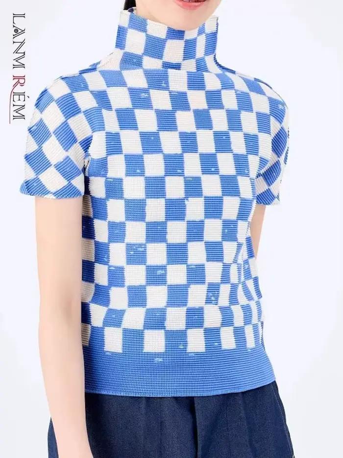 T-shirt LANMREM Plaid Imprimé Bleu Taille Unique pour Femmes Style Décontracté et Élégant Occasions Spéciales