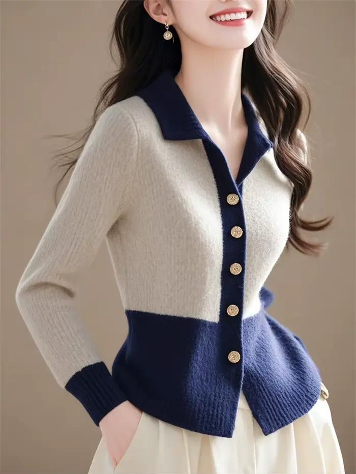 Pull tricoté IOQRCJV femelle pull tricoté streetwear patchwork automne hiver col polo polyvalent à offrir pour femme occassions spéciales