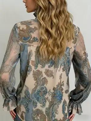 Blouse en polyester imprimé paisley décontractée avec col montant et manches évasées pour femmes grandes tailles printemps automne voyage