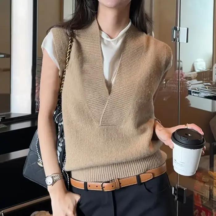 Pull noir Preppy pour femmes, décontracté, col en V, sans manches, polyester acrylique, pour printemps été occasions spéciales