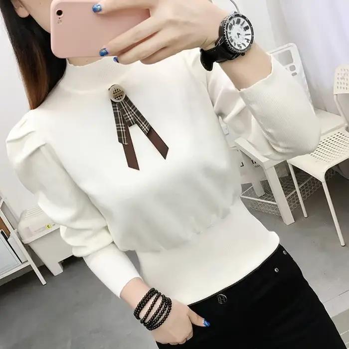 Pull en polyester à col montant et manches bouffantes pour femmes, style coréen doux, nouvelles couleurs pour printemps et été