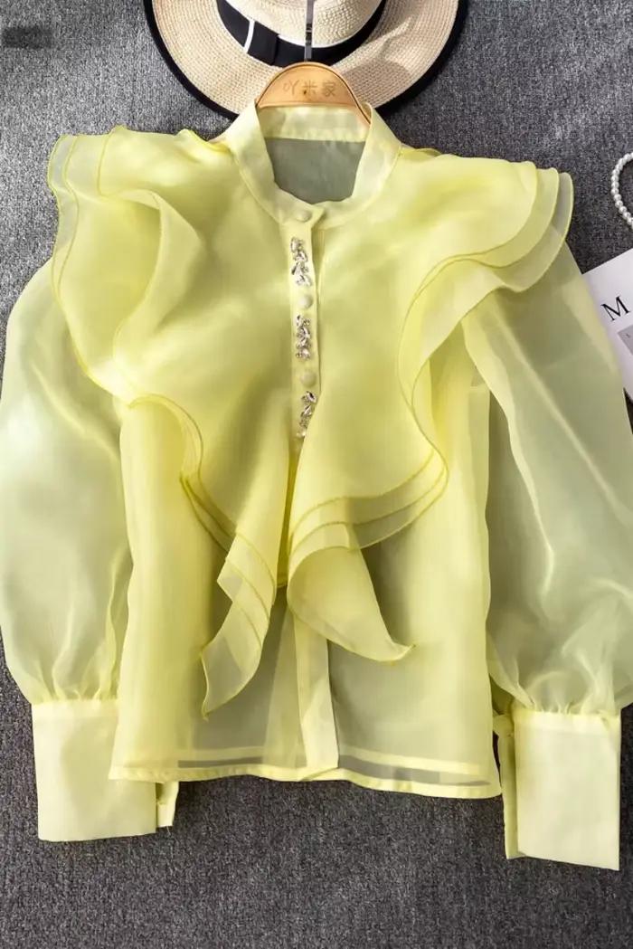Chemisiers et hauts chics pour femmes, chemisier à volants en Organza pour femmes, Blusa transparente en maille perlée, mode coréenne élégante, livraison directe
