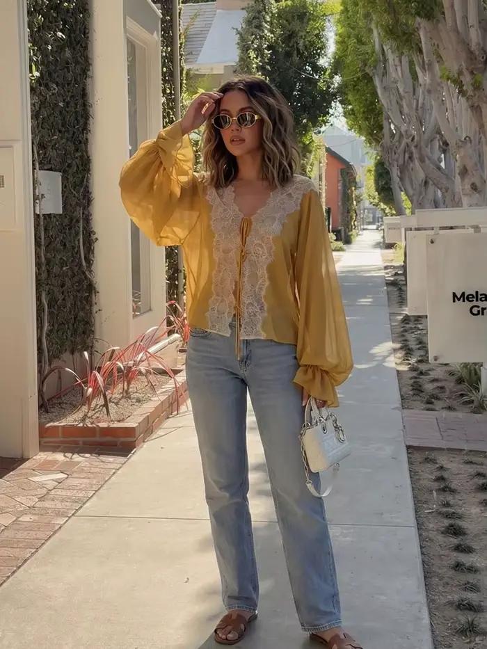 HH Blouse en mousseline de soie à dentelle bohème pour femme