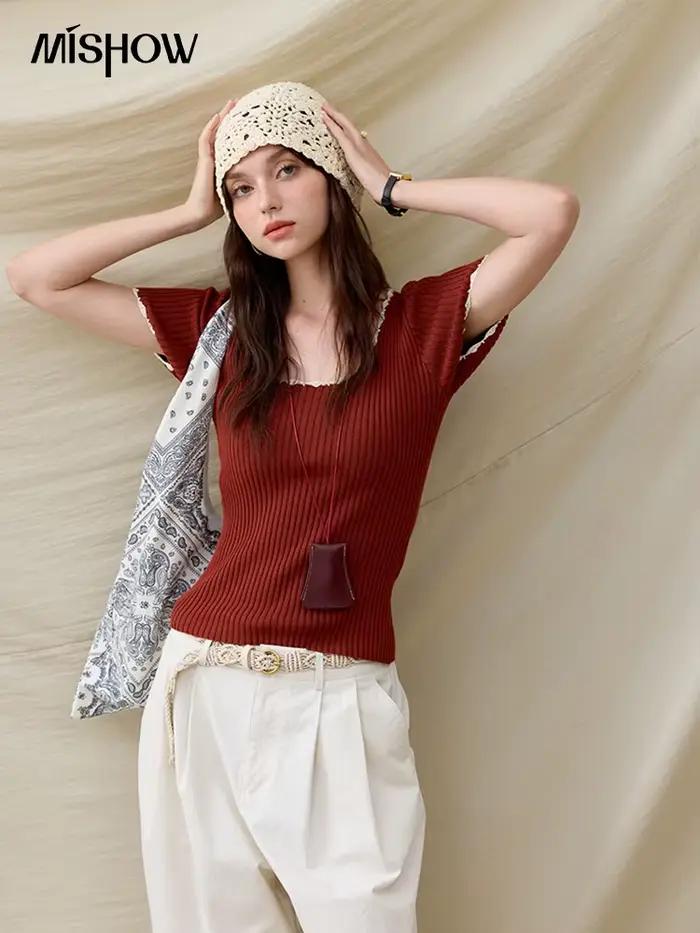 Pull Mishow en polyester et viscose solide, col carré en dentelle pour femmes, élégant et confortable pour le bureau et les occasions spéciales