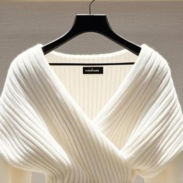 Femmes blanc tricoté pull Blouses mode col en v à manches longues nouveau haut Vintage doux luxe pulls