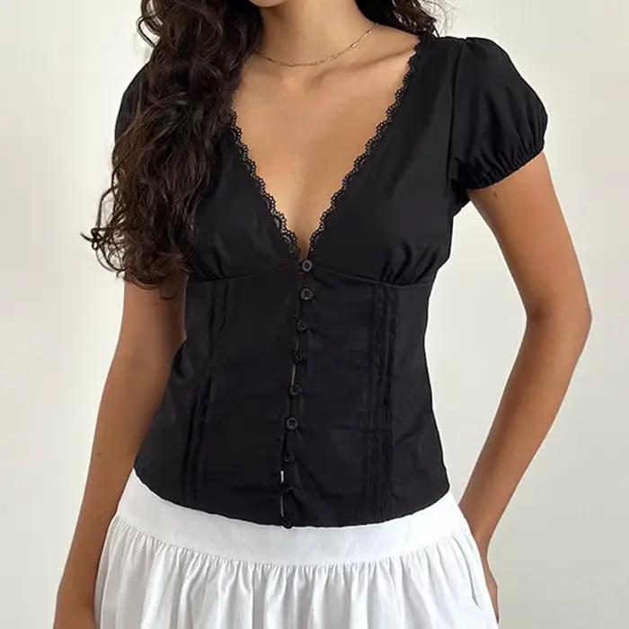 Maemukilabe Style français dentelle garniture culture hauts femmes col en V boutonné Milkmaid Blouse Cottage fée Y2K T-shirt Vintage Streetwear