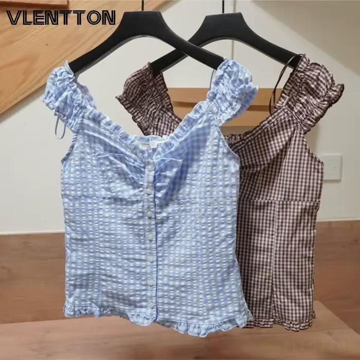 Chemisier court boutonné à col carré en gingham bleu pour femme