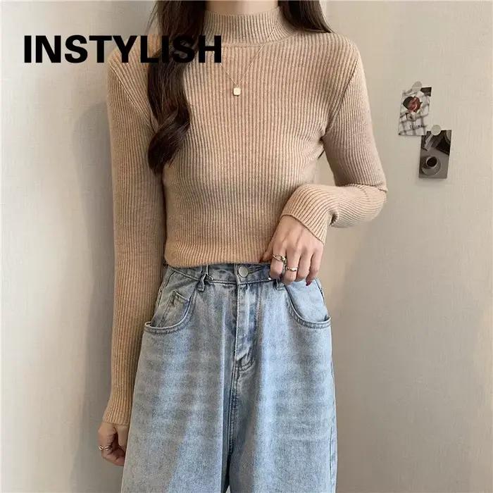 Femmes automne hiver pull à col roulé Vintage solide basique tricoté hauts décontracté mince
