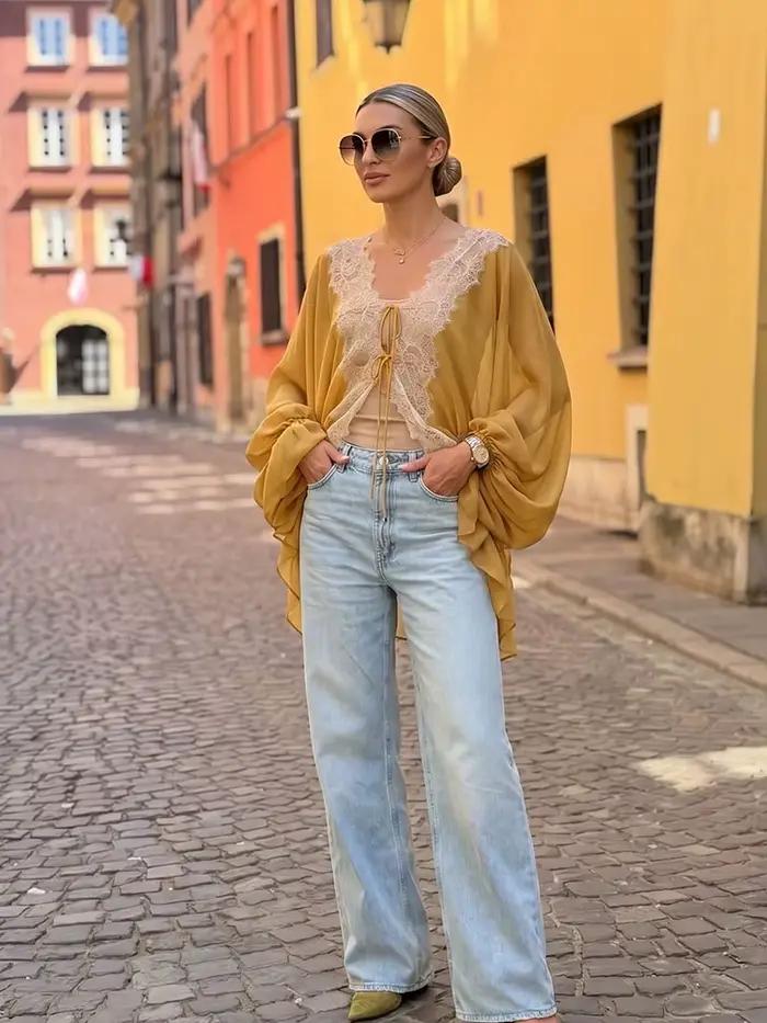 HH Blouse en mousseline de soie à dentelle bohème pour femme