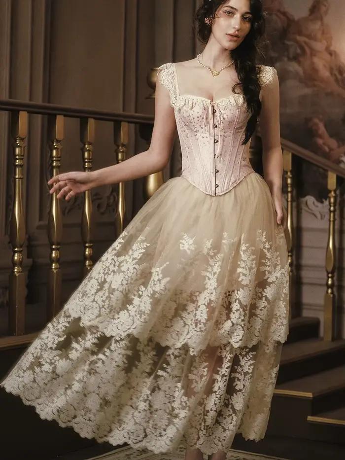 Nouvel ensemble 2 pièces brodé 2026 : Hauts roses à lacets et jupes longues maxi en dentelle patchwork pour femmes