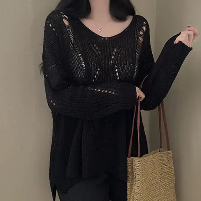 Pull en polyester grunge ajouré pour femmes, col rond, pull en détresse, style y2k, occassions spéciales