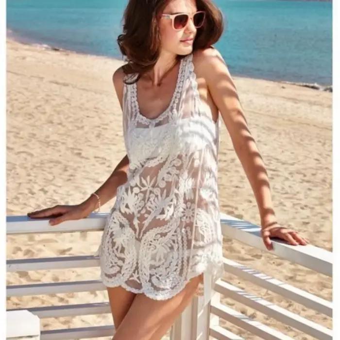 Boho plage cache-up Sexy sans manches Blouse chemise femmes haut en dentelle été Mini robes broderie florale T-Shirts
