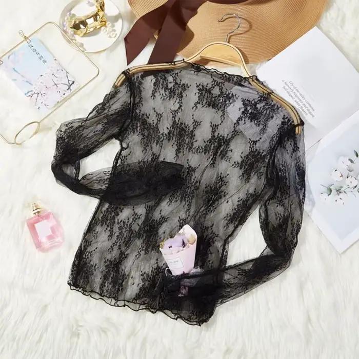 Haut à manches longues en maille pour femmes, col montant, broderie florale, t-shirt transparent élégant pour occasions spéciales et quotidien