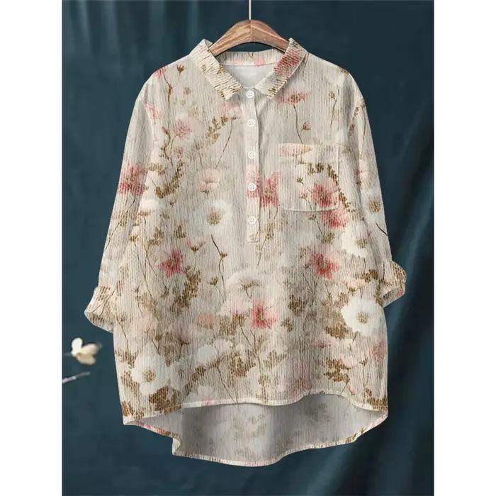 Chemise à imprimé floral bleu blanc pour femmes chemisier à manches longues demi-boutonné avec ourlet asymétrique coupe ample style doux pour occasions spéciales