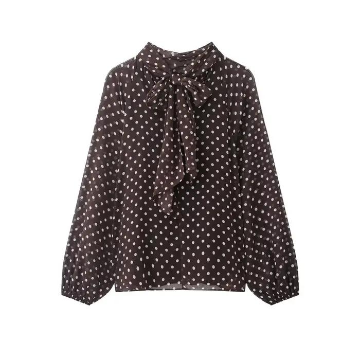 Chemise à manches longues à pois élégante pour femmes, chemise à lacets high street pour printemps automne occassions spéciales