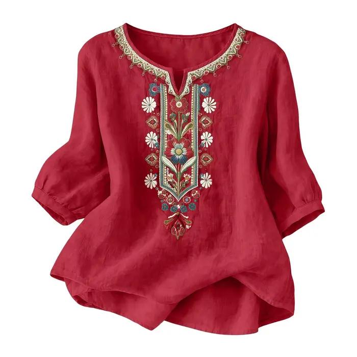 Chemise en polyester WHooHoo pour femmes avec broderie rétro, coupe ample et manches 3/4 pour des tenues estivales élégantes et décontractées