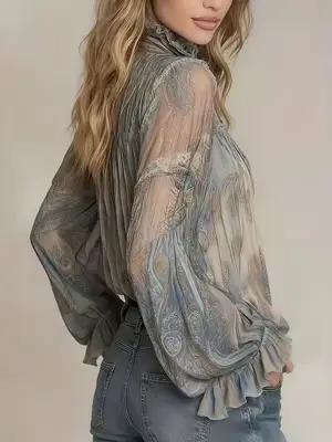 Blouse en polyester imprimé paisley décontractée avec col montant et manches évasées pour femmes grandes tailles printemps automne voyage