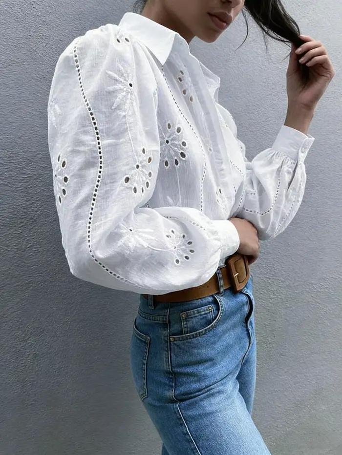 Chemisier Femme Printemps-Été Blanc Broderie Anglaise Manches Longues Bouffantes Saint-Valentin Élégant Romantique Décontracté Vacances
