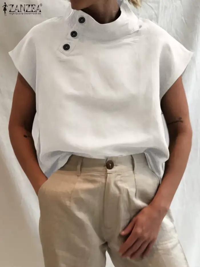 Blouse ZANZEA Femme Été Vintage en Coton Fin Col Roulé Décontractée pour Occasions Spéciales Blanc Bleu Ciel Noir Vert