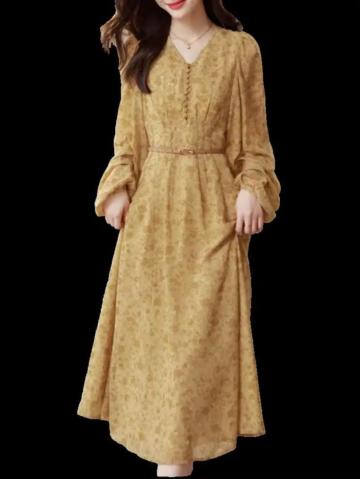Jielur-Robe en mousseline de soie florale vintage pour femmes