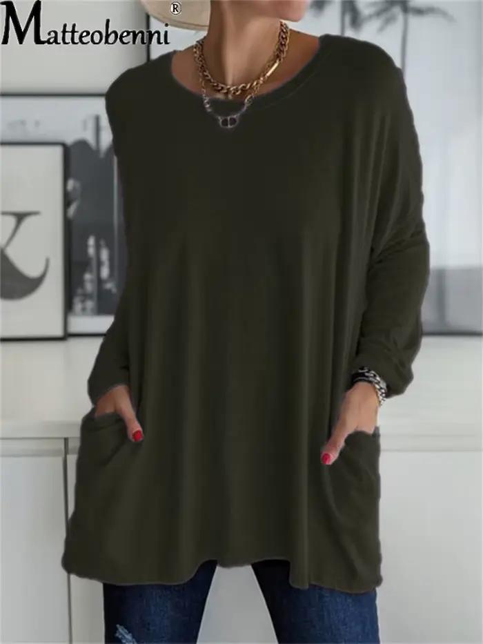 Tunique à manches longues et col rond pour femme, haute en polyester et élasthanne avec poche, décontractée et ample, mode printemps été 2024, pour occasions spéciales et quotidienne